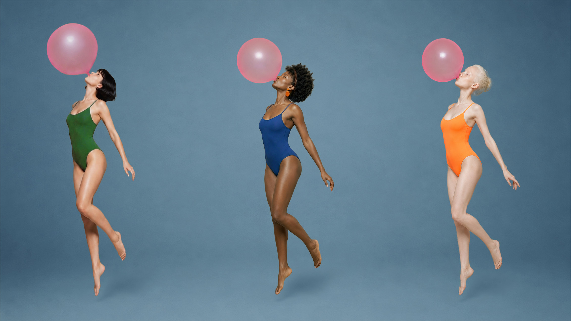 Three figures with bubble gum